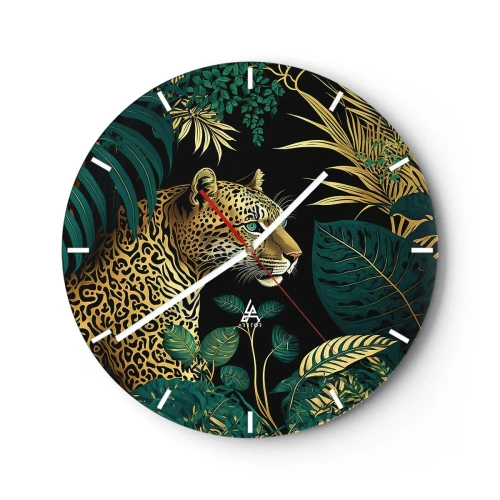 Vægur, Uret - Leopard blandt tropiske blade på en sort baggrund - 30x30cm - Værten i junglen - Moderne vægdekoration til stue, køkken og soveværelse ARTTOR
