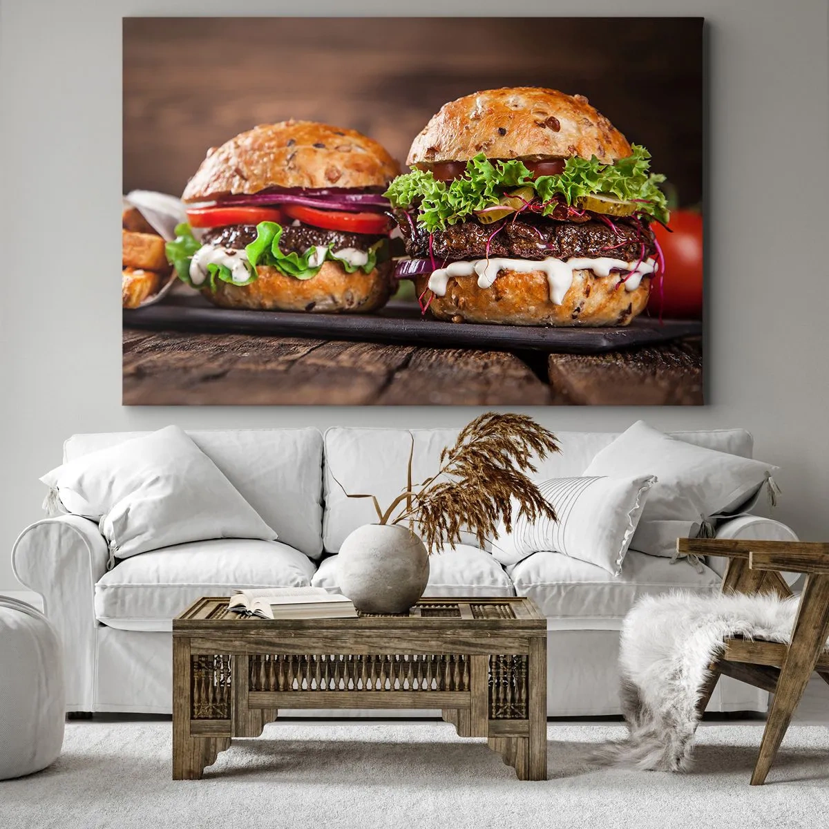Lærredstryk - Billede på lærred - Lækre burgere med grøntsager og sauce - 70x50cm - American dream - Moderne vægdekoration til stue og soveværelse ARTTOR