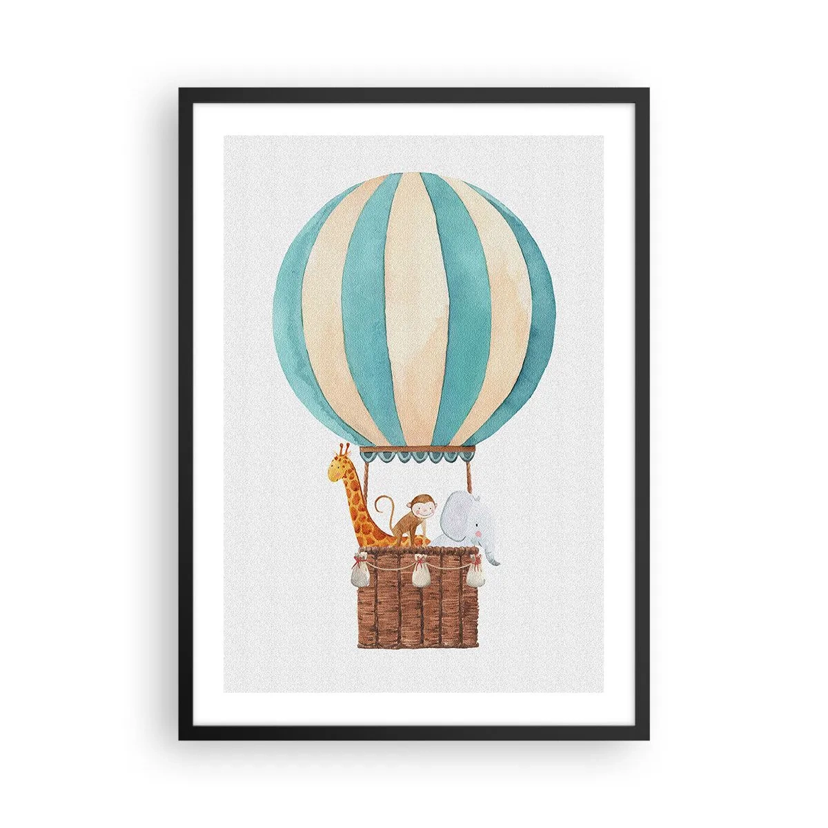 Plakat i sort ramme - Akvarel illustration af en varmluftballon med søde dyr - 50x70cm - Fantastisk tur - Moderne vægdekoration til stue og soveværelse ARTTOR