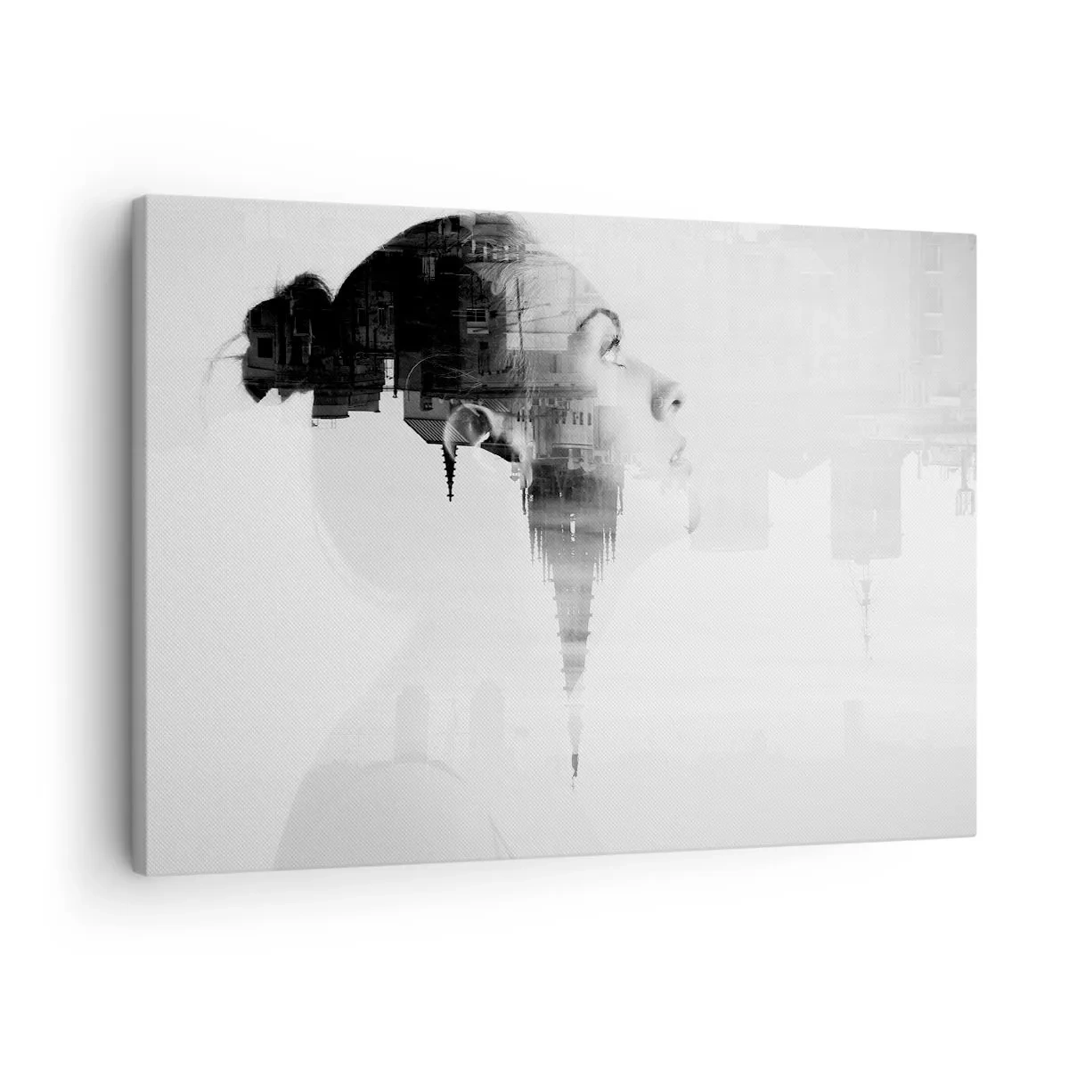 Lærredstryk - Billede på lærred - Portræt af en kvinde med omridset af en by i baggrunden, sorte og hvide farver - 70x50cm - På begge sider af glasset - Moderne vægdekoration til stue og soveværelse ARTTOR