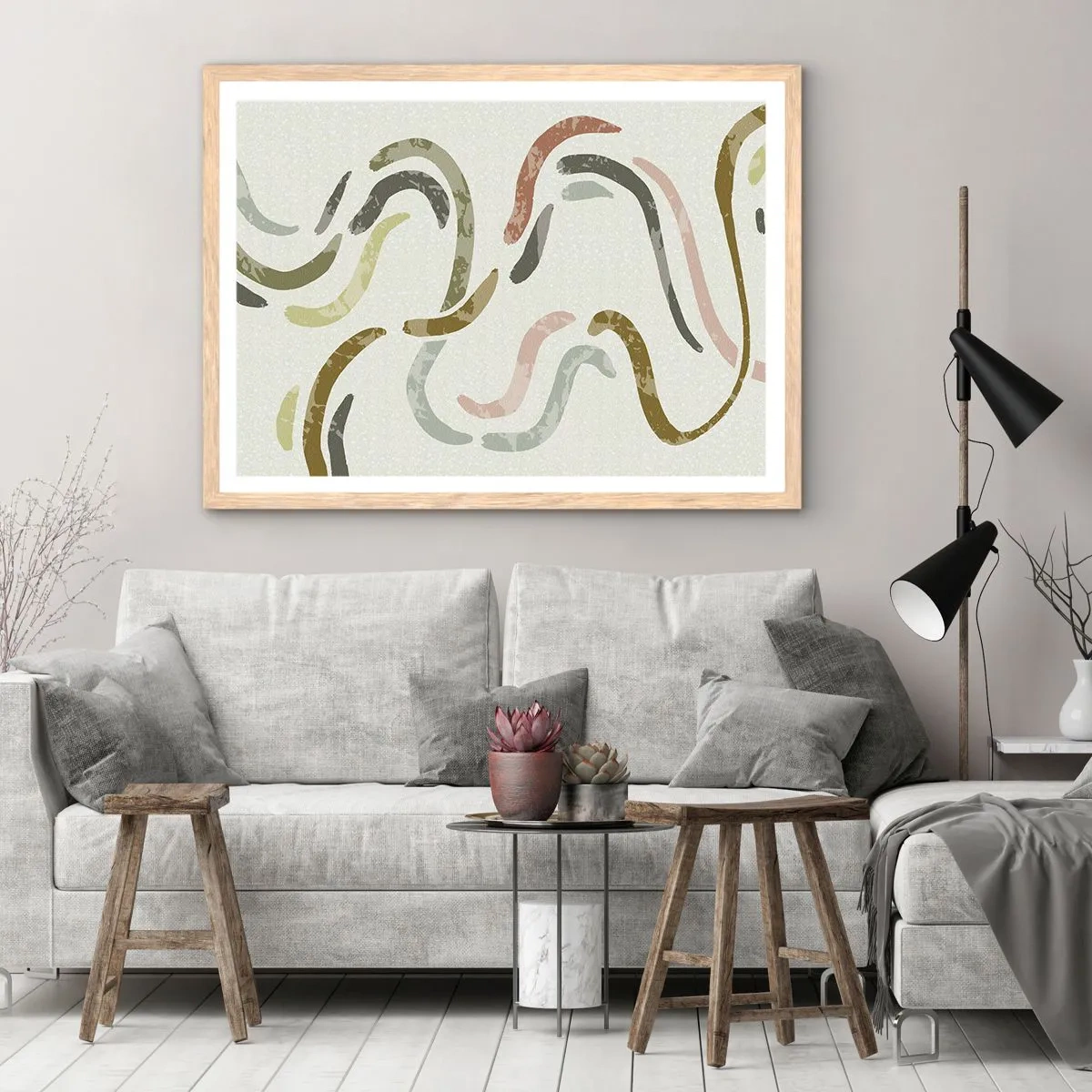 Plakat i ramme af lyst egetræ - Abstraktionens glade dans - 70x50 cm