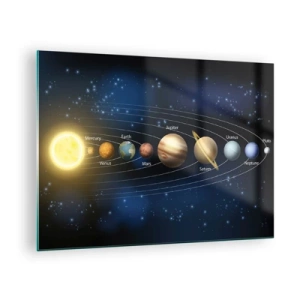 Billede på glas - Solsystemet med planeter og stjerner i baggrunden - 70x50cm - En ud af ti - Moderne vægdekoration til stue og soveværelse ARTTOR