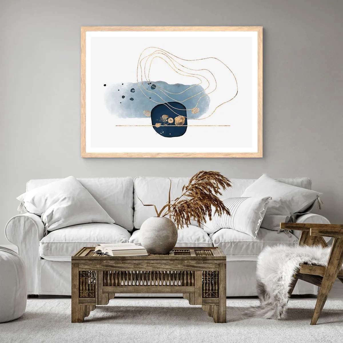 Plakat i ramme af lyst egetræ - Blå-gylden fantasi - 100x70 cm