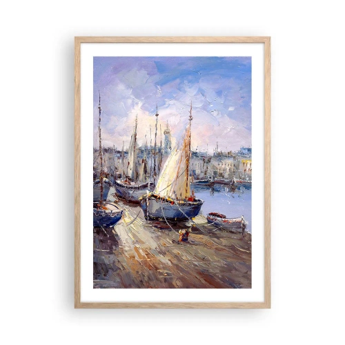 Plakat i ramme af lyst egetræ - By ved bugten - 50x70 cm