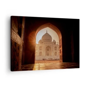 Lærredstryk - Billede på lærred - Taj Mahal i sollys set fra portbuen - 70x50cm - Et monument over overjordisk kærlighed - Moderne vægdekoration til stue og soveværelse ARTTOR