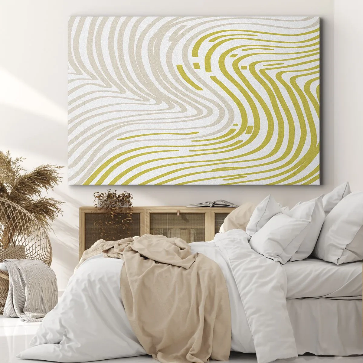 Lærredstryk - Billede på lærred - Et abstrakt mønster med bølgede linjer i nuancer af gul og beige. - 70x50cm - Komposition med et blidt sving - Moderne vægdekoration til stue og soveværelse ARTTOR