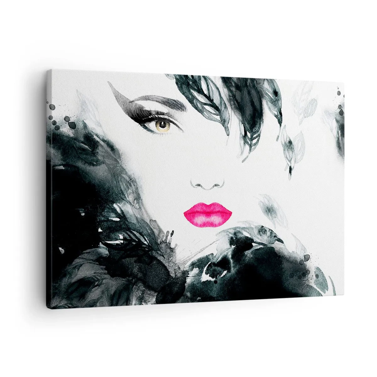 Lærredstryk - Billede på lærred - Kunstnerisk portræt af en kvinde med intenst lyserøde læber - 70x50cm - OBS! Femme fatale - Moderne vægdekoration til stue og soveværelse ARTTOR