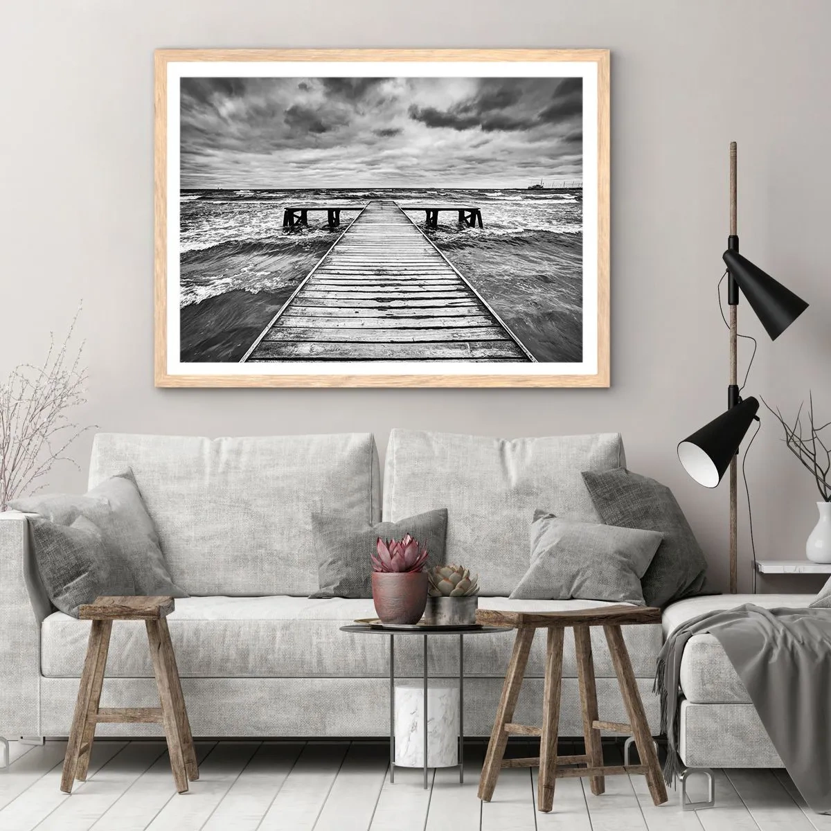 Plakat i ramme af lyst egetræ - Jeg venter på, at vinden blæser væk... - 50x40 cm