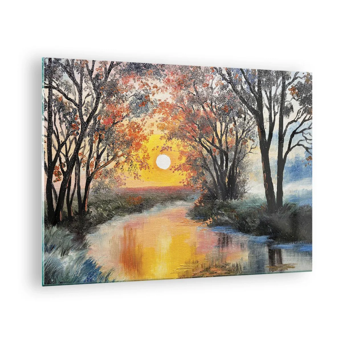 Billede på glas - Solnedgang over floden blandt træerne - 70x50cm - Efterårs atmosfære - Moderne vægdekoration til stue og soveværelse ARTTOR