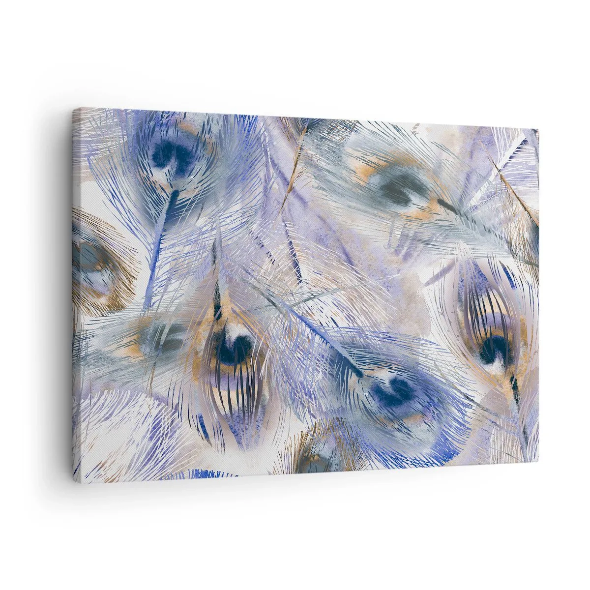 Lærredstryk - Billede på lærred - Et mønster med påfuglefjer i nuancer af blå og guld - 70x50cm - Påfugl sammensætning - Moderne vægdekoration til stue og soveværelse ARTTOR
