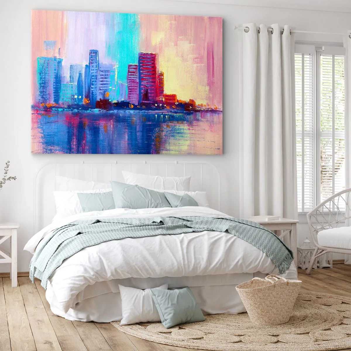 Lærredstryk - Billede på lærred - Et farverigt panorama af byen i akvarelstil - 70x50cm - Badet i farver - Moderne vægdekoration til stue og soveværelse ARTTOR