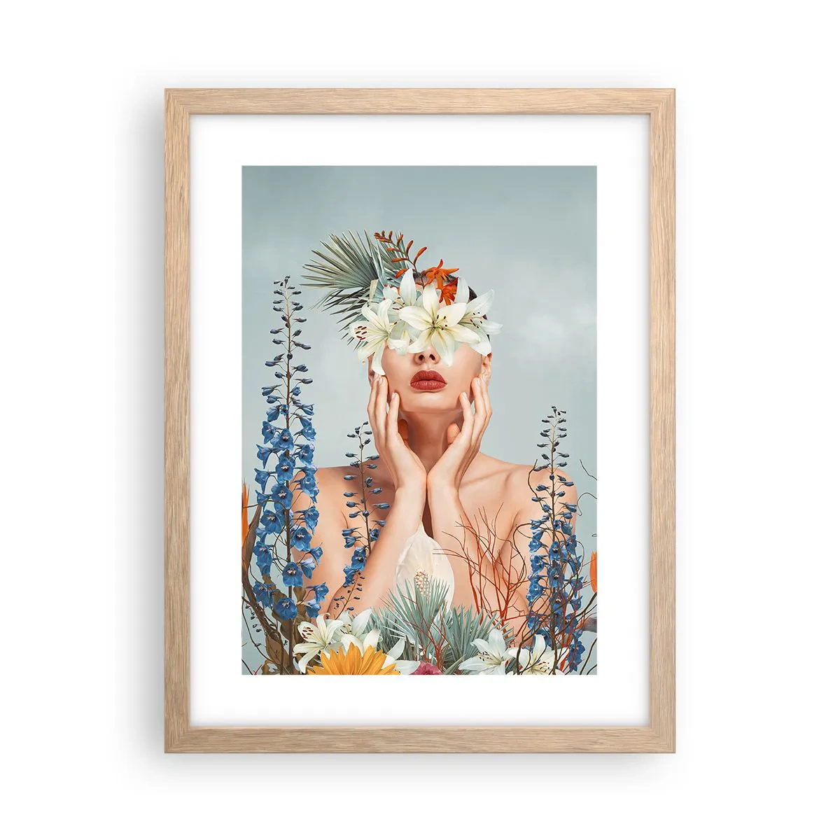 Plakat i ramme af lyst egetræ - Kvinde blomst - 30x40 cm