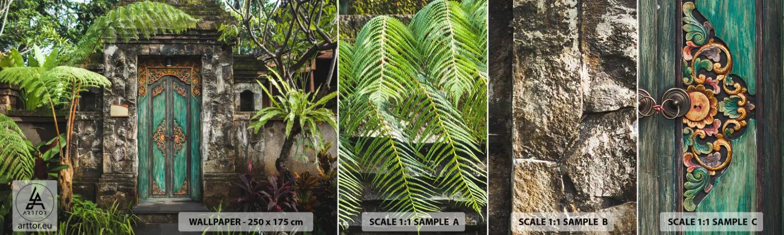 Prøve Fototapet Selvklæbende Deluxe Sticker - En dør til en eksotisk verden - Dør med Ornament, Arkitektur, Mysterium - 100x30 cm