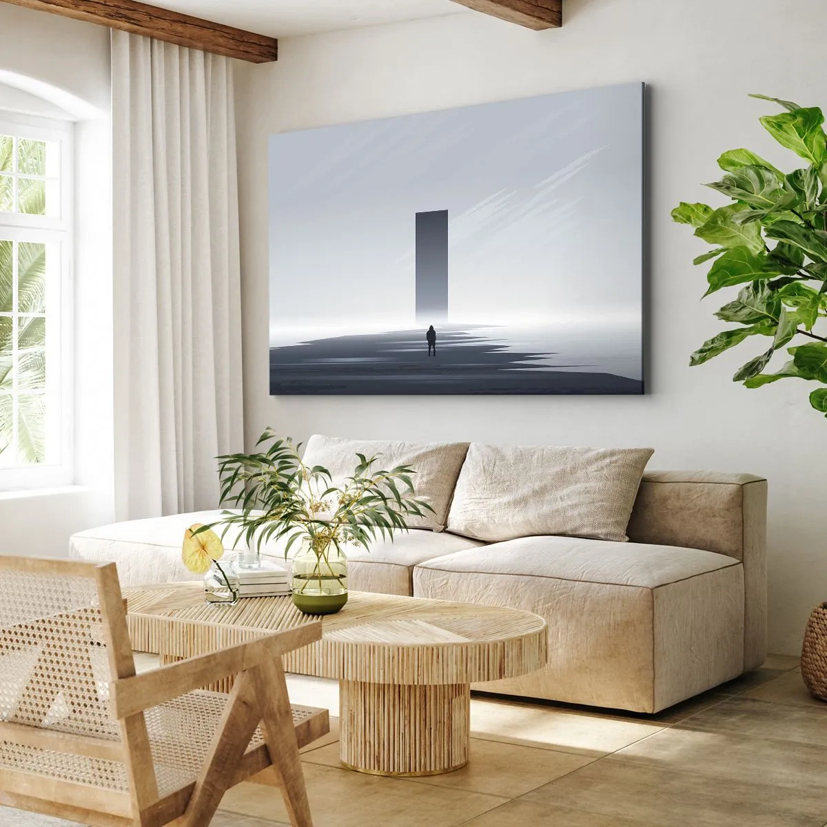 Lærredstryk - Billede på lærred - Et minimalistisk landskab med en silhuet ved siden af en rektangulær monolit - 70x50cm - Mulighed eller trussel? - Moderne vægdekoration til stue og soveværelse ARTTOR