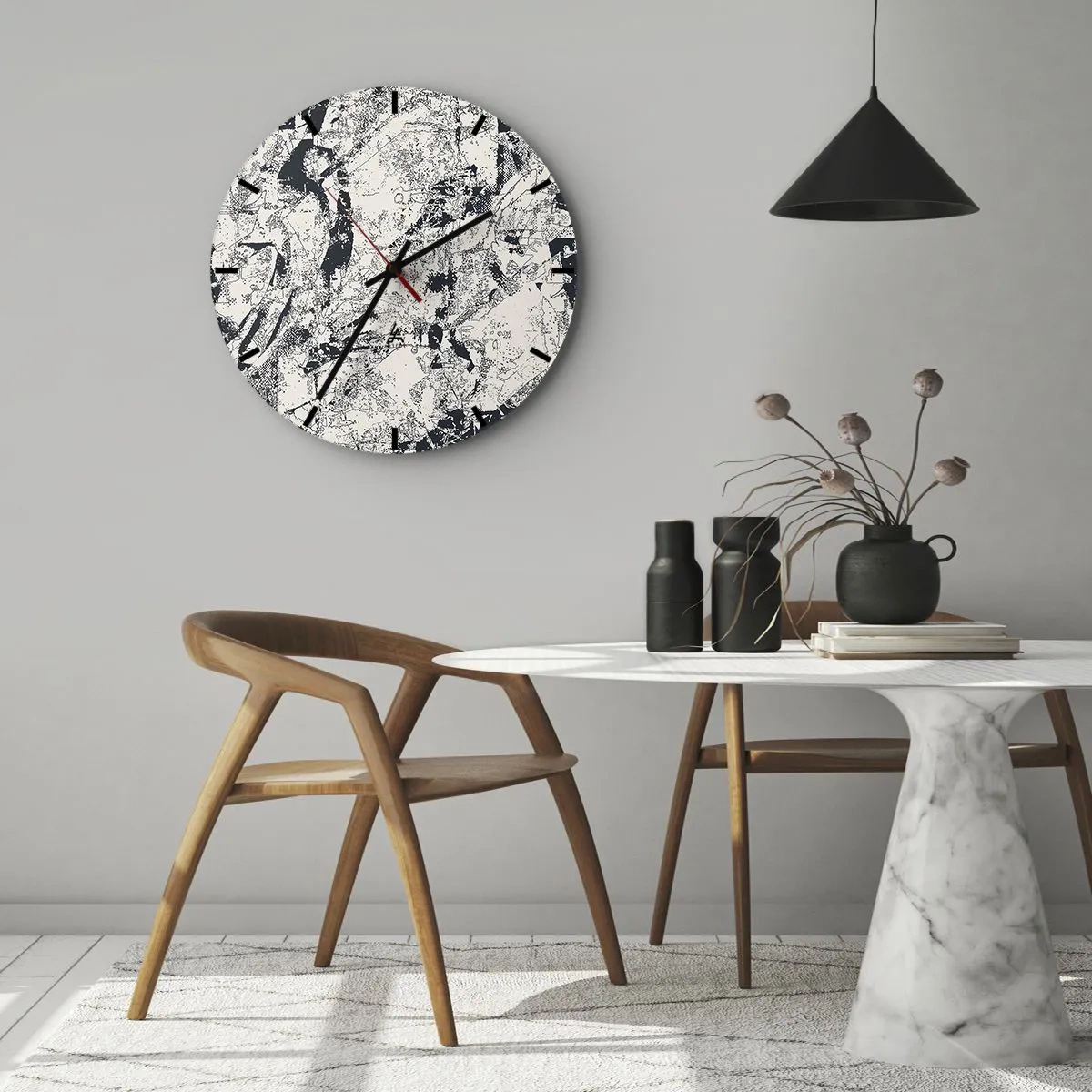 Vægur, Uret - Abstrakt komposition i sorte og grå nuancer - 30x30cm - Modsætningernes gennemtrængning - Moderne vægdekoration til stue, køkken og soveværelse ARTTOR