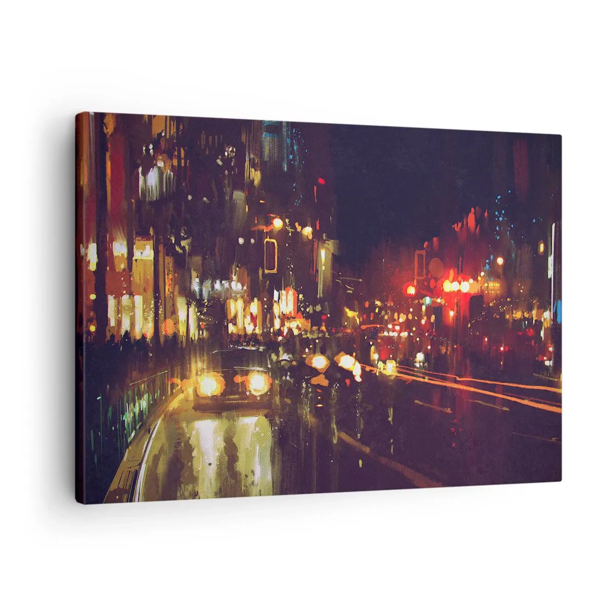 Lærredstryk - Billede på lærred - Natbyscene med farverige lys og gaderefleksioner - 70x50cm - Sænket i nattens lys - Moderne vægdekoration til stue og soveværelse ARTTOR