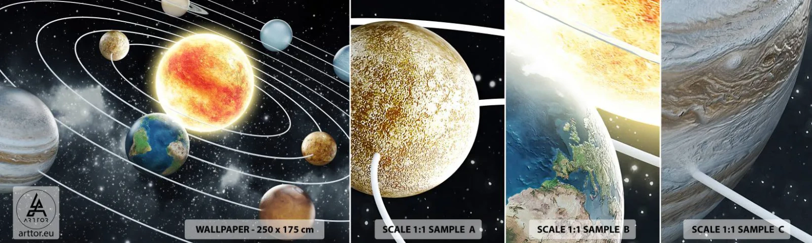 Prøve Fototapet Selvklæbende Deluxe Sticker - Kosmisk dans - Kosmos, Galaxy, Solsystem - 100x30 cm