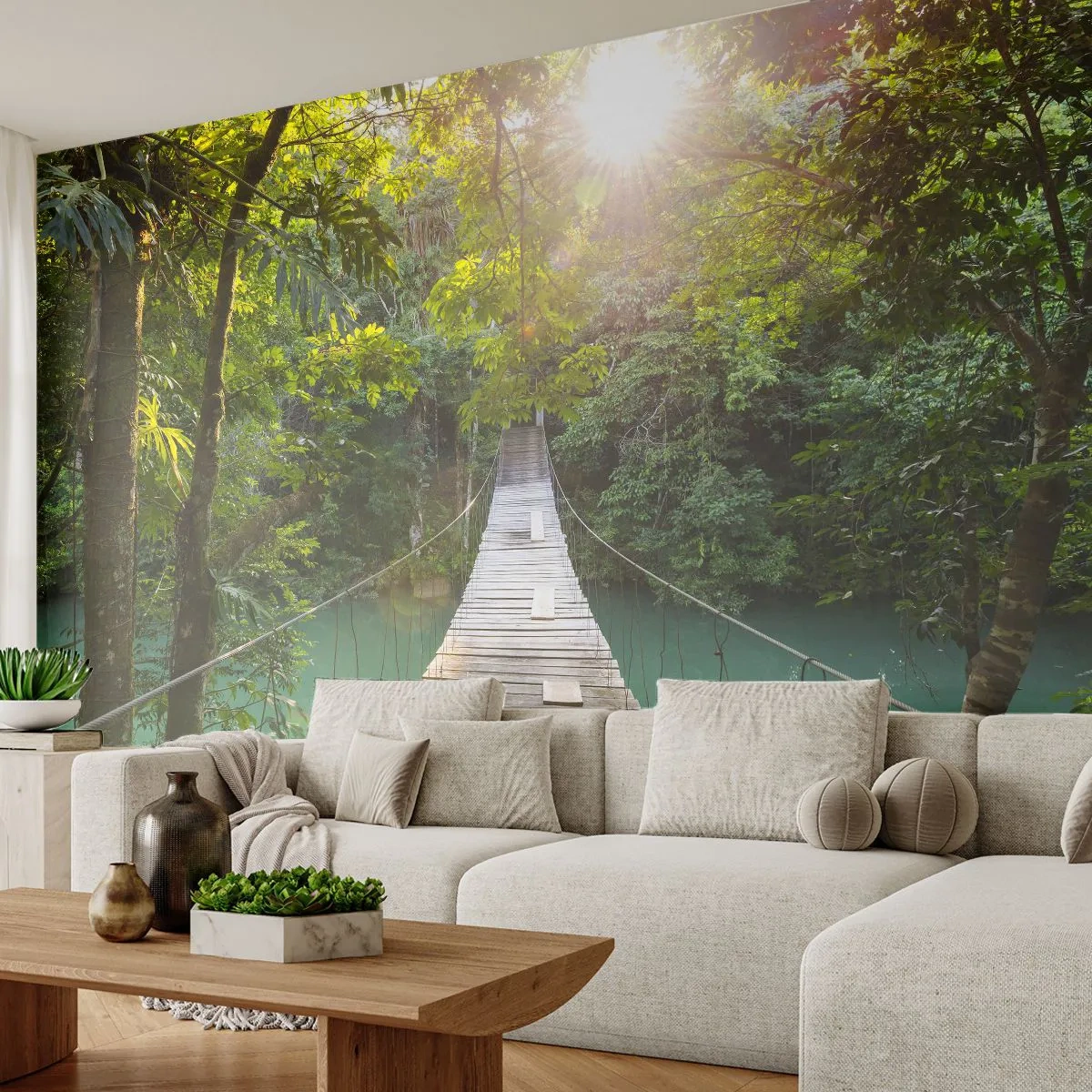 Fototapet Premium Canvas - Over det azurblå vand til den azurblå skov - Landskab, Jungle, træbro - 300x210 cm