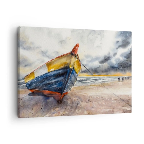Lærredstryk - Billede på lærred - En malerisk båd på stranden under en overskyet himmel - 70x50cm - Hvile på stranden - Moderne vægdekoration til stue og soveværelse ARTTOR