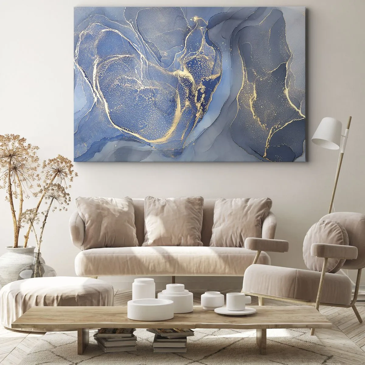 Lærredstryk - Billede på lærred - Abstrakte blå mønstre med guld accenter - 70x50cm - Guldstøv - Moderne vægdekoration til stue og soveværelse ARTTOR