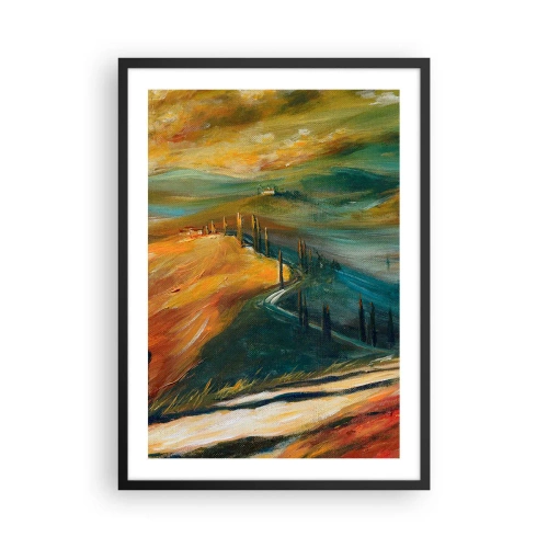 Plakat i sort ramme - Et landskab i intense farver, en vej gennem bakkerne - 50x70cm - Toscansk landskab - Moderne vægdekoration til stue og soveværelse ARTTOR