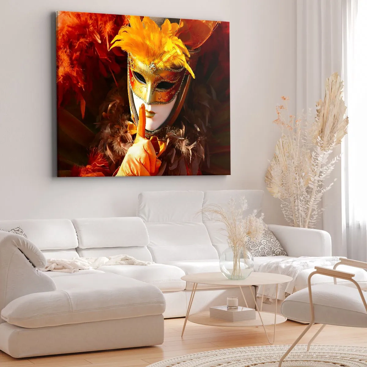 Lærredstryk - Billede på lærred - Karnevalsmaske i nuancer af guld og orange - 70x50cm - Mystik er en del af spillet - Moderne vægdekoration til stue og soveværelse ARTTOR