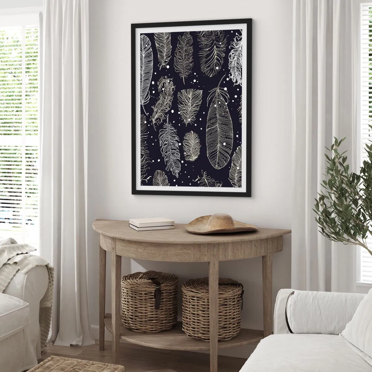 Plakat i sort ramme - Hvide fjer på en sort baggrund i et elegant arrangement - 50x70cm - Fjerede blonder - Moderne vægdekoration til stue og soveværelse ARTTOR