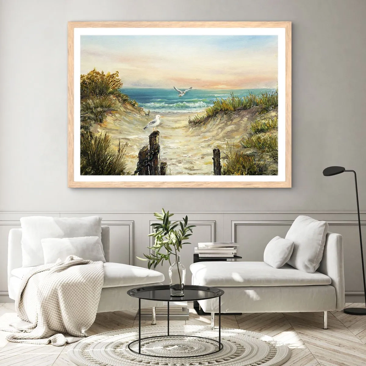 Plakat i ramme af lyst egetræ - Vindstille tilbagetog - 50x40 cm