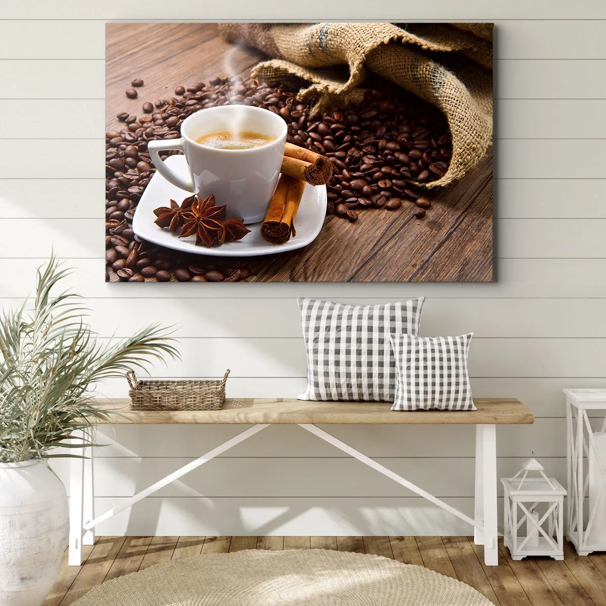 Lærredstryk - Billede på lærred - En kop kaffe med kanel og anis på en baggrund af kaffebønner - 70x50cm - Krydret smag og aroma - Moderne vægdekoration til stue og soveværelse ARTTOR
