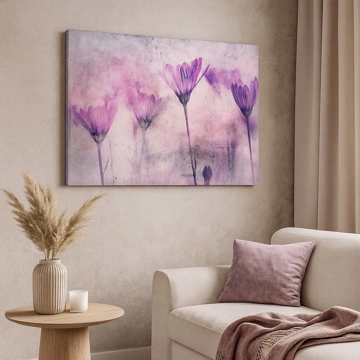 Lærredstryk - Billede på lærred - Fine blomster i lilla nuancer på en lys baggrund - 70x50cm - En drøm af blomster - Moderne vægdekoration til stue og soveværelse ARTTOR