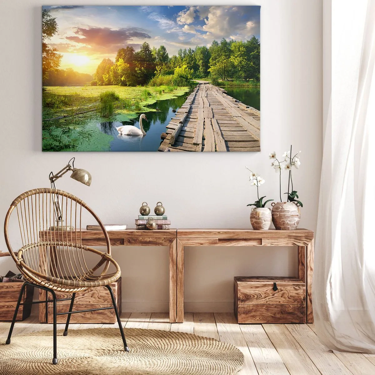 Lærredstryk - Billede på lærred - Et malerisk landskab med en bro og en svane - 70x50cm - Sommer, sommer overalt - Moderne vægdekoration til stue og soveværelse ARTTOR