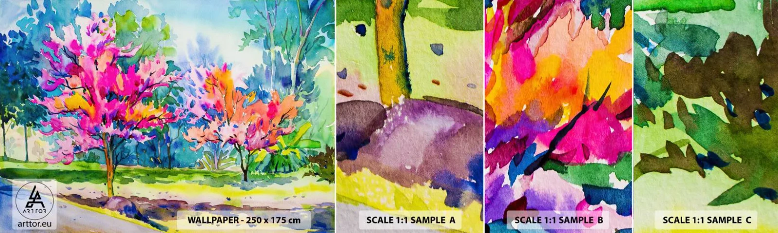 Prøve Fototapet Selvklæbende Deluxe Sticker - Regnbuehaven i forårets pragt - Parkere, Træer, Natur - 100x30 cm