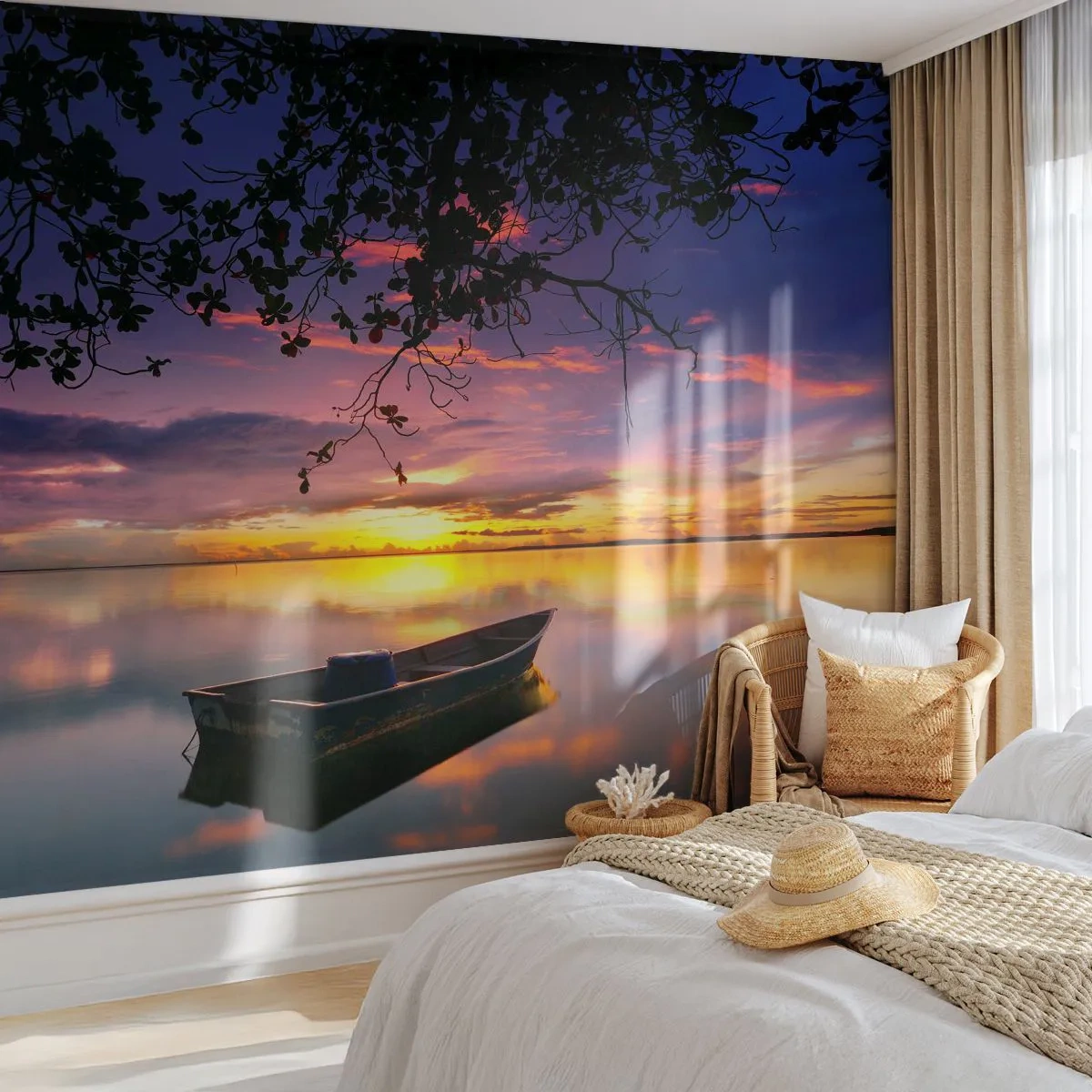Fototapet Premium Sand - "Det ser ud til, at du hænger midt på himlen..." - Landskab, Solnedgang, Sø - 100x70 cm