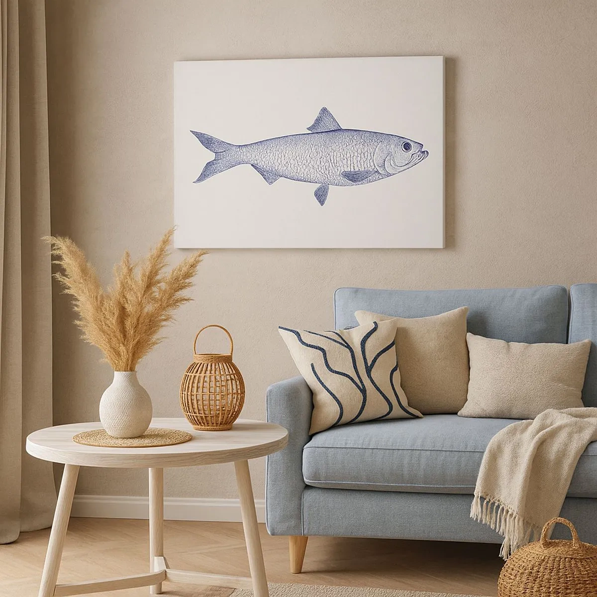 Lærredstryk - Billede på lærred - Illustration af en fisk i blå nuancer på en lys baggrund - 70x50cm - Hilsner fra de nordlige have - Moderne vægdekoration til stue og soveværelse ARTTOR