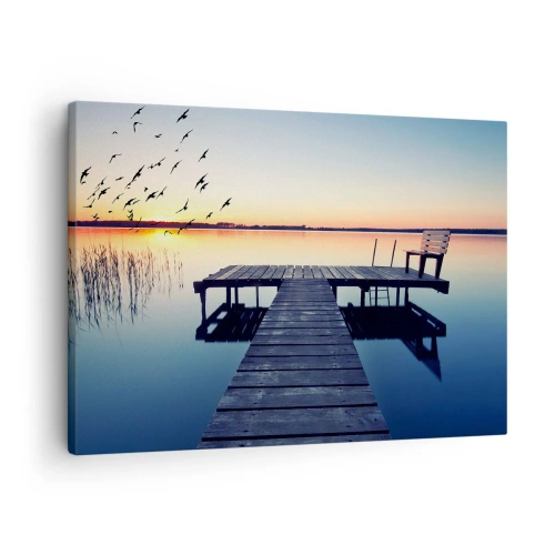 Lærredstryk - Billede på lærred - Træmole ved en sø ved solopgang med fugle - 70x50cm - Det var en god dag - Moderne vægdekoration til stue og soveværelse ARTTOR
