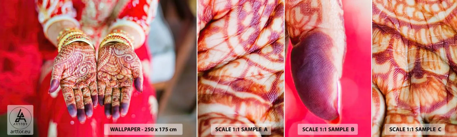 Prøve Fototapet Selvklæbende Deluxe Sticker - Klar til at fange lykken - Kvinders hænder, Orientalske designs, Indien - 100x30 cm