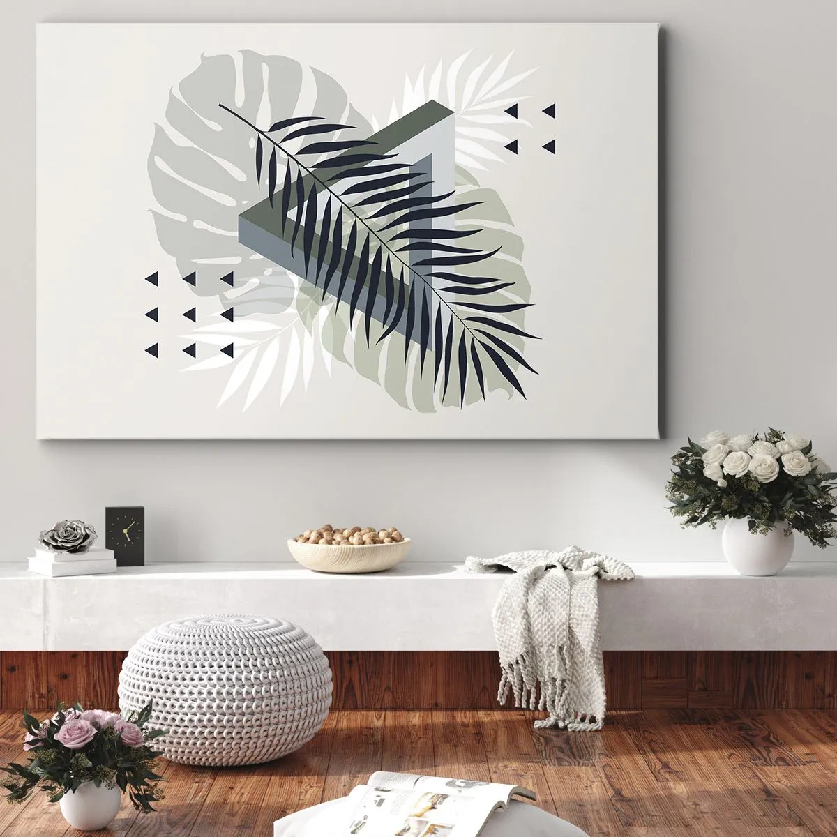 Lærredstryk - Billede på lærred - Geometrisk komposition med tropiske blade i grønne nuancer - 70x50cm - Natur og geometri - to ordener? - Moderne vægdekoration til stue og soveværelse ARTTOR
