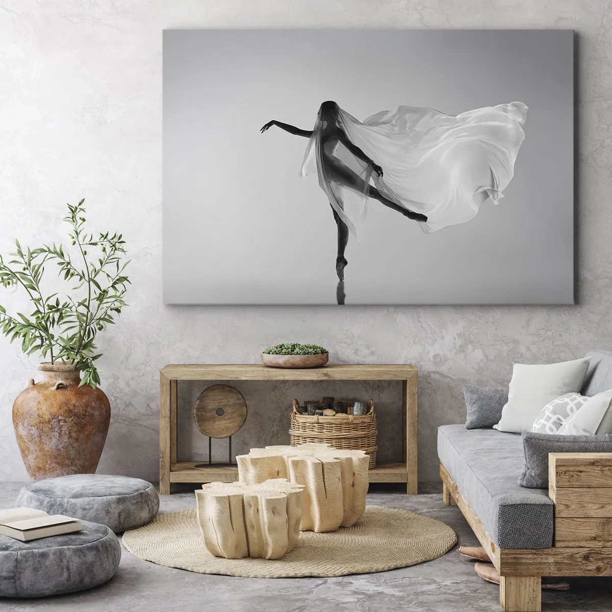 Lærredstryk - Billede på lærred - En danser i en æterisk positur med flagrende stof - 70x50cm - Lethed og ynde - Moderne vægdekoration til stue og soveværelse ARTTOR
