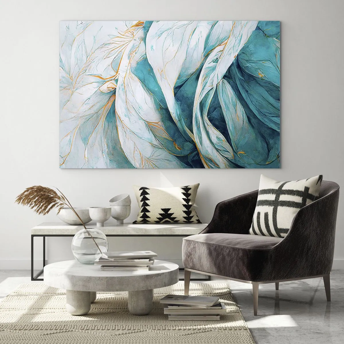 Billede på glas - Organisk abstraktion i blå og gyldne linjer - 70x50cm - Blå abstraktion med et guldmotiv - Moderne vægdekoration til stue og soveværelse ARTTOR