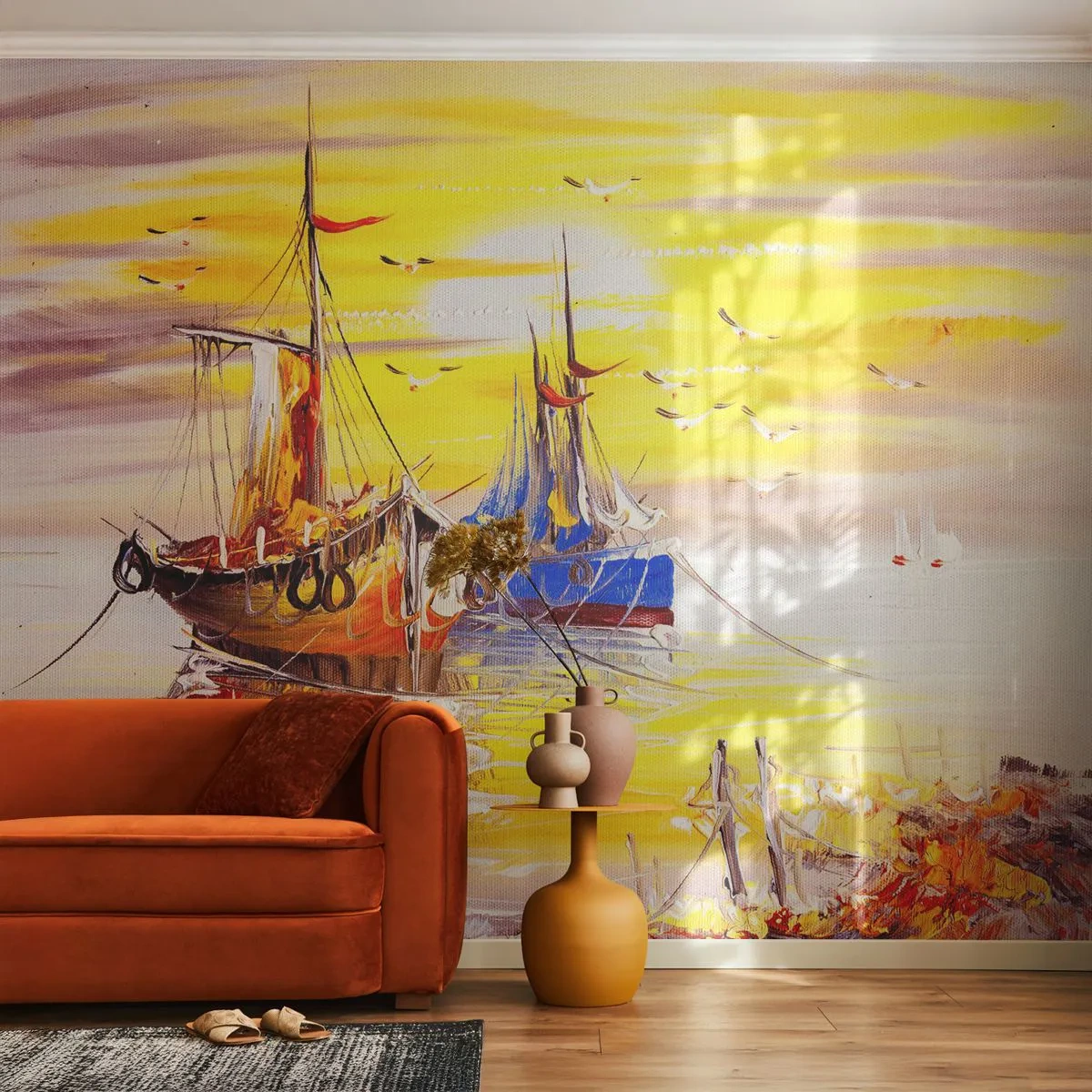 Fototapet Selvklæbende Deluxe Sticker - Et velfortjent hvil i havnen - Fiskebåd, Fiskeri, Fugle - 100x70 cm