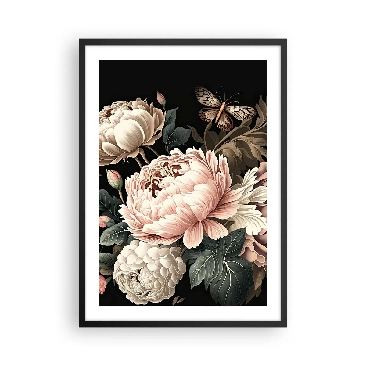 Plakat i sort ramme - Elegante pæoner og en sommerfugl på en sort baggrund - 50x70cm - I barok stil - Moderne vægdekoration til stue og soveværelse ARTTOR