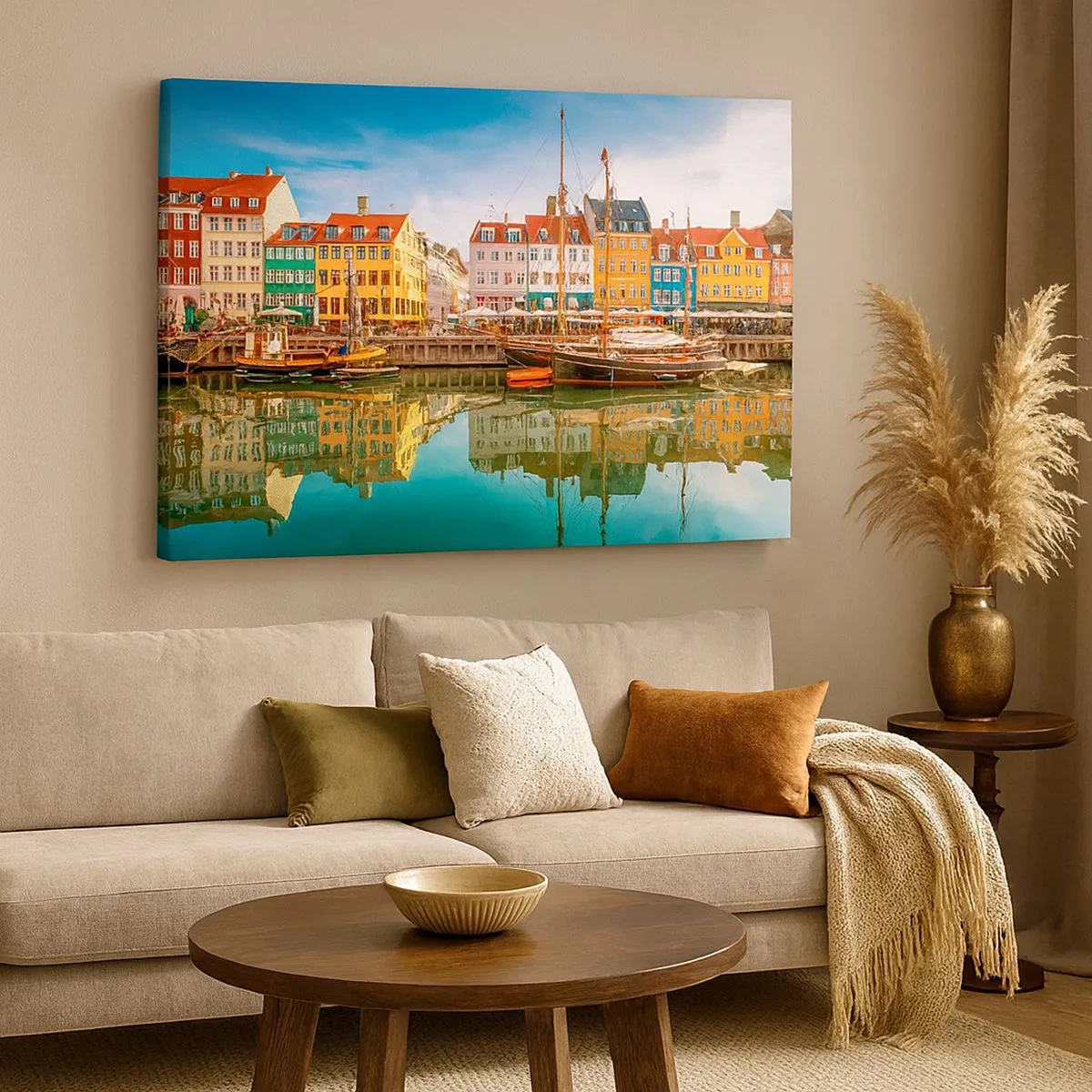 Lærredstryk - Billede på lærred - Farverige kanalhuse i København - 70x50cm - Over vand så glat som et spejl - Moderne vægdekoration til stue og soveværelse ARTTOR