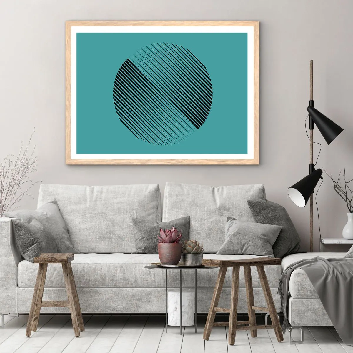 Plakat i ramme af lyst egetræ - Cirklen - en geometrisk variation - 50x40 cm