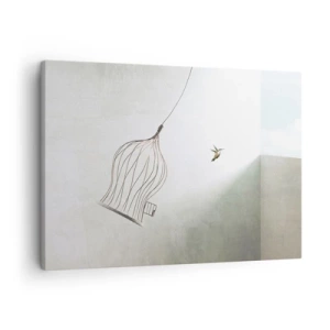 Lærredstryk - Billede på lærred - En fugl befriet fra et bur mod en lys himmel som baggrund - 70x50cm - I sit elementet - Moderne vægdekoration til stue og soveværelse ARTTOR