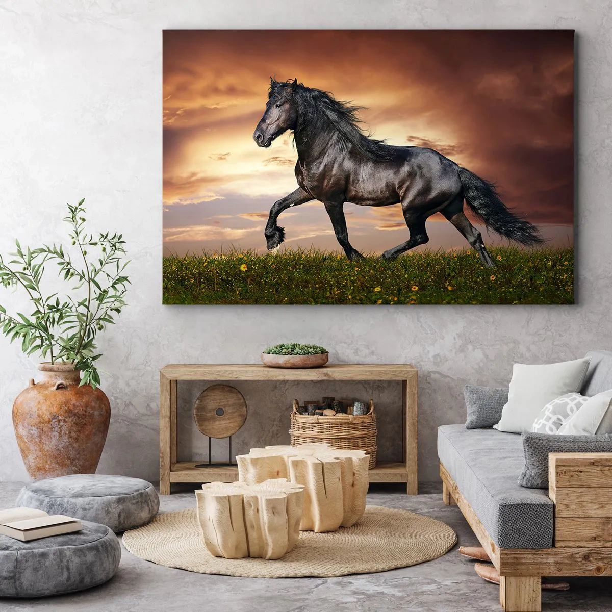 Lærredstryk - Billede på lærred - En sort hest galoperer mod den nedgående sol - 70x50cm - Sort prins - Moderne vægdekoration til stue og soveværelse ARTTOR