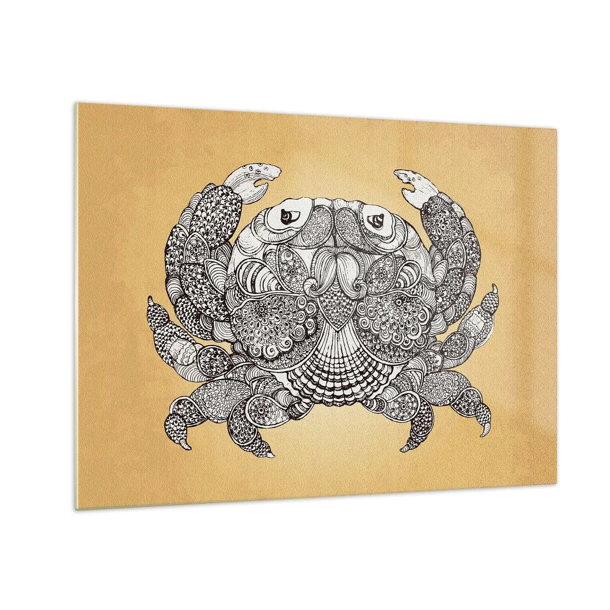 Billede på glas - Stiliseret tegning af en krabbe med ornamenter på en gul baggrund - 70x50cm - Fortællinger om hr. krabbe - Moderne vægdekoration til stue og soveværelse ARTTOR
