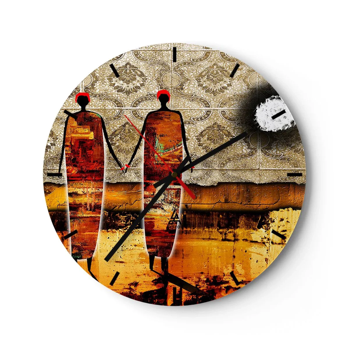 Vægur, Uret - Abstrakt motiv af figurer, der holder hinanden i hånden mod en baggrund af et ornament - 30x30cm - Etnisk sammensætning i farverne i Afrika - Moderne vægdekoration til stue, køkken og soveværelse ARTTOR