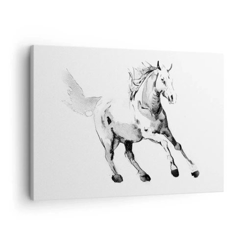 Lærredstryk - Billede på lærred - Skitse af en galoperende hest i sorte og hvide nuancer - 70x50cm - Utæmmet sjæl - Moderne vægdekoration til stue og soveværelse ARTTOR