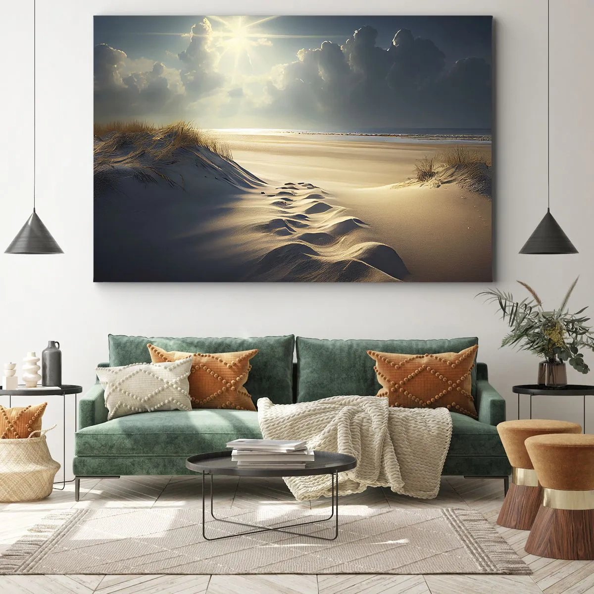 Lærredstryk - Billede på lærred - Gyldne klitter på stranden ved solnedgang med udsigt over havet - 70x50cm - Beroligende landskab - Moderne vægdekoration til stue og soveværelse ARTTOR