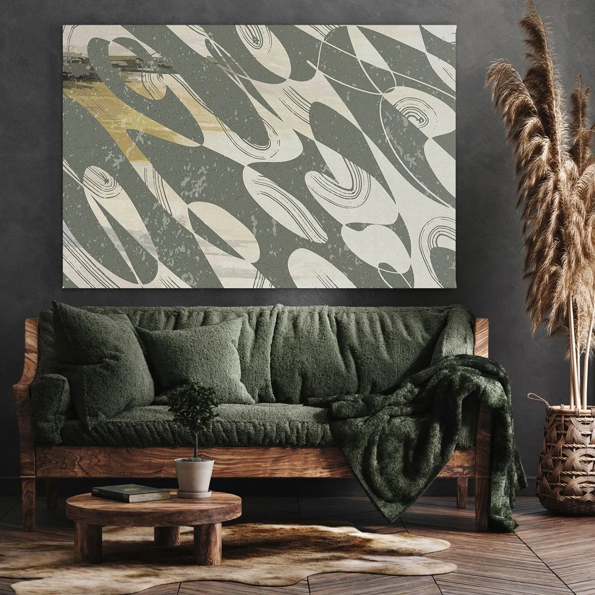 Lærredstryk - Billede på lærred - Dynamiske former i nuancer af grønt og guld - 70x50cm - Rytmisk abstraktion - Moderne vægdekoration til stue og soveværelse ARTTOR